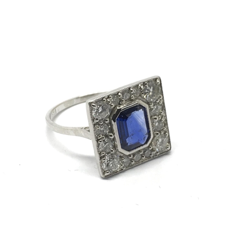 701 - An 18ct white gold Art Deco style sapphire and diamond ring. Sapphire approx 1.15c, RBC diamonds app... 