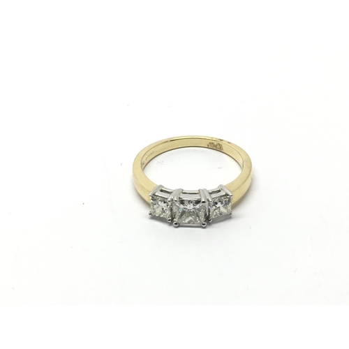 768 - An 18ct yellow and white gold three stone princess cut diamond trilogy ring, approx 1ct, approx 3.9g... 