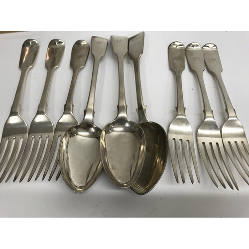 791 - Two Georgian and one Victorian silver table spoons ,and six Victorian silver forks . 665 grams