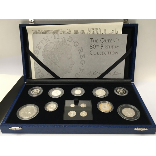 798 - A Royal Mint The Queens 80th Birthday silver proof coin collection complete and mint and boxed this ... 