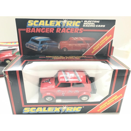 106 - 3 x boxed Scalextric Cars including Mini Ha-Ha Banger Racer #C.290. A M.G. Maestro (Limited Edition)... 