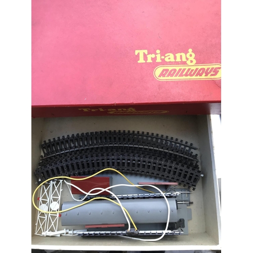 157 - A Box containing a collection of 'OO' Tri-ang Track, buildings, a power unit and a Continental Loco ... 