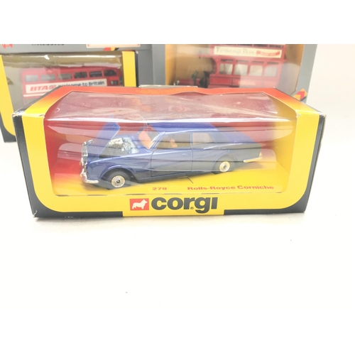 178 - A Collection of Corgi busses.Trucks and a Rolls-Royce Corniche.#279 all boxed.