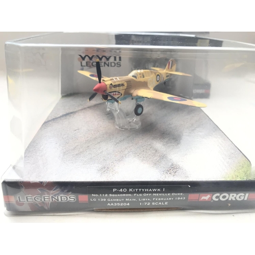 45 - 4 x Corgi WW2 Legends boxed Scale 1:72 including a p47D Thunderbolt. A Mitsubishi zero. A P-40 Kitty... 