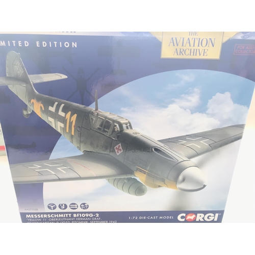 49 - A Corgi Messerschmitt #AA27102B. A Corgi Lightning #AA32303. A Corgi Gloster Meteor #AA35001 and a S... 