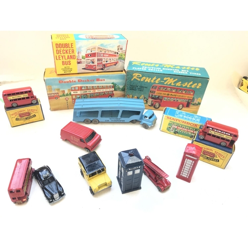 543 - A Matchbox Car Transporter with Boxed and loose Matchbox/Lesney Vehicles. A Dinky Police box and oth... 