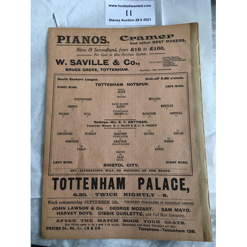 11 - 1910/1911 Tottenham Reserves v Bristol City Football Programme: South Eastern League dated 10 9 1910... 