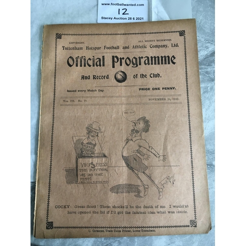 12 - 1910/1911 Tottenham Reserves v Clapton Orient Football Programme: South Eastern League dated 26 11 1... 