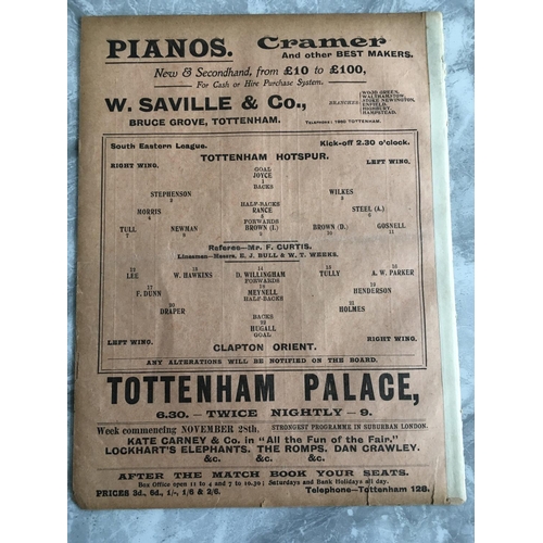 12 - 1910/1911 Tottenham Reserves v Clapton Orient Football Programme: South Eastern League dated 26 11 1... 