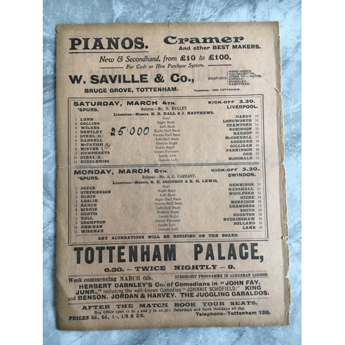 13 - 1910/1911 Tottenham v Liverpool Football Programme: First Division match dated 4 3 1911. No team cha... 