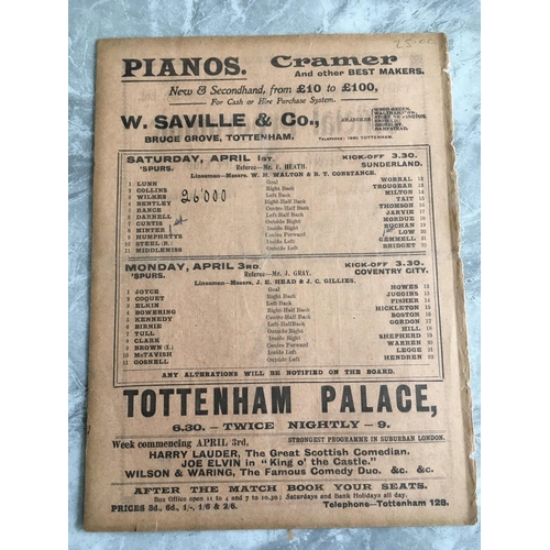 14 - 1910/1911 Tottenham v Sunderland Football Programme: First Division dated 1 4 1911. No team changes.... 