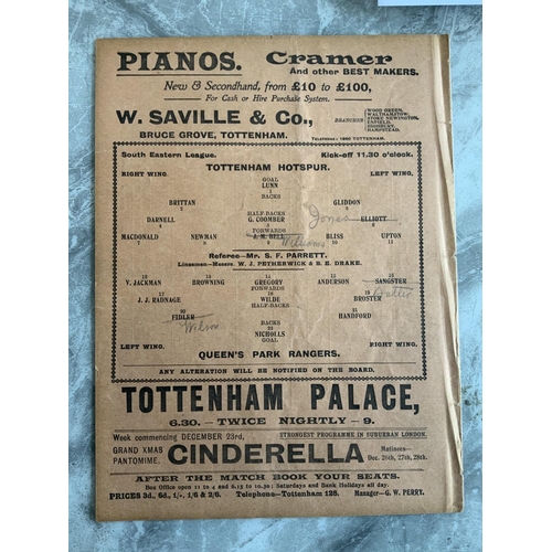 19 - 1912/1913 Tottenham Reserves v QPR Football Programme: South Eastern League dated 25 12 1912. Pencil... 