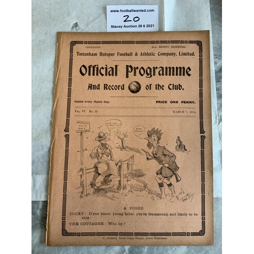 20 - 1913/1914 Tottenham Reserves v Fulham Football Programme: South Eastern League dated 9 3 1914. No te... 