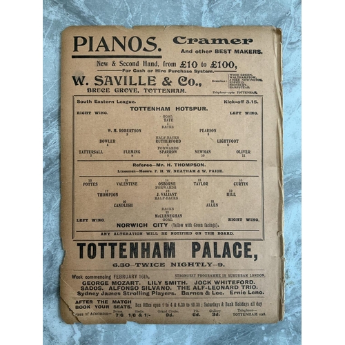 22 - 1913/1914 Tottenham Reserves v Norwich City Football Programme: South Eastern League dated 14 2 1914... 