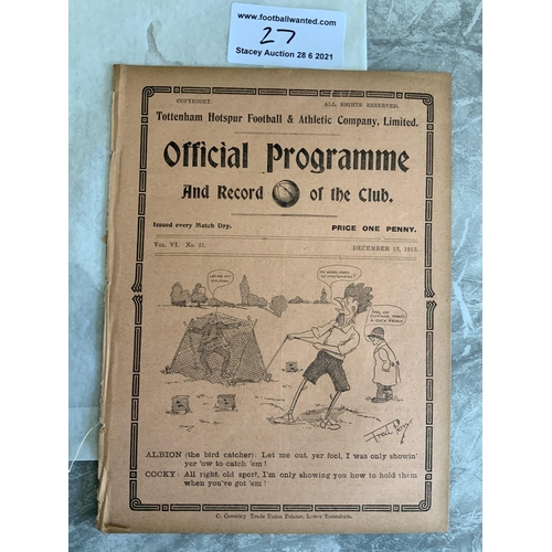 27 - 1913/1914 Tottenham Reserves v Watford Football Programme: South Eastern League dated 13 12 1913. No... 