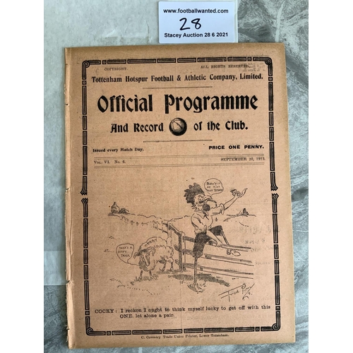 28 - 1913/1914 Tottenham Reserves v Brentford Football Programme: South Eastern League dated 20 9 1913. N... 