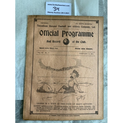 34 - 1910/1911 Tottenham Reserves v Brighton Football Programme: South Eastern League dated 25 2 1911. Te... 