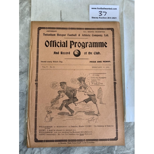 37 - 1912/1913 Tottenham Reserves v Swindon Football Programme: South Eastern League dated 15 2 1913. No ... 