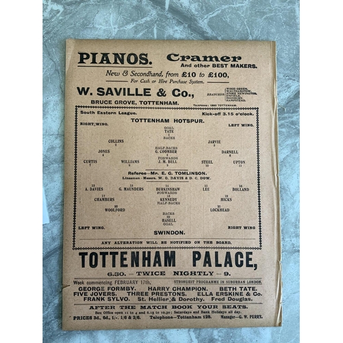 37 - 1912/1913 Tottenham Reserves v Swindon Football Programme: South Eastern League dated 15 2 1913. No ... 