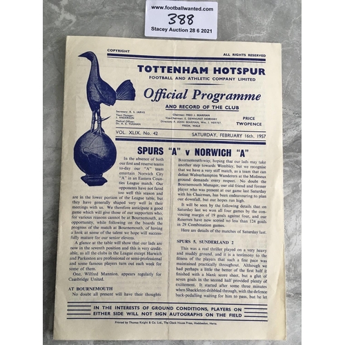 388 - 56/57 Tottenham A v Norwich City A Football Programme: Eastern Counties League match in good conditi... 