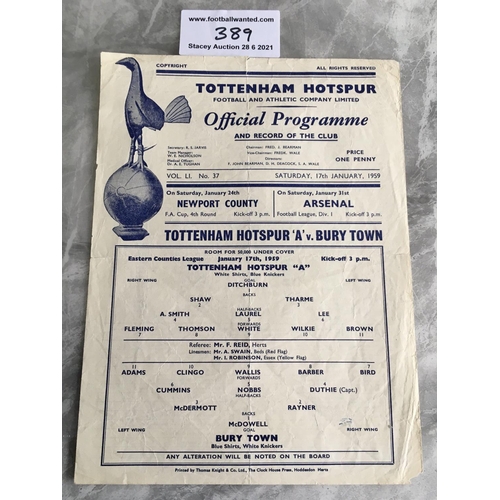 389 - 58/59 Tottenham A v BuryTown Football Programme: Eastern Counties League match in fair condition wit... 