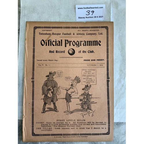 39 - 1912/1913 Tottenham Reserves v Woolwich Arsenal Football Programme: South Eastern League dated 2 11 ... 