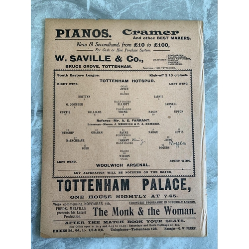 39 - 1912/1913 Tottenham Reserves v Woolwich Arsenal Football Programme: South Eastern League dated 2 11 ... 