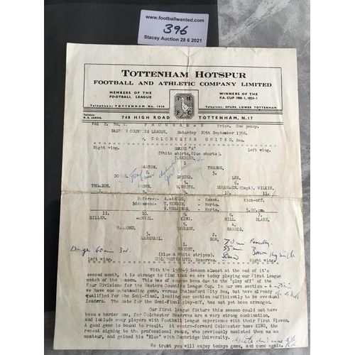 396 - 58/59 Tottenham A v Colchester United Reserves Football Programmes: Single sheet has writing and fol... 