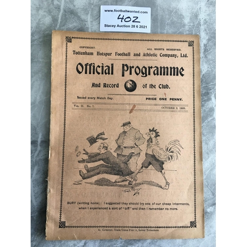 402 - 1909/1910 Tottenham v Bury Football Programme: League match dated 9 10 1909 in good condition with n... 