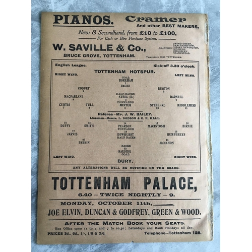 402 - 1909/1910 Tottenham v Bury Football Programme: League match dated 9 10 1909 in good condition with n... 
