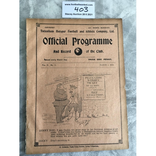 403 - 1909/1910 Tottenham v Preston North End Football Programme: League match dated 5 3 1910 in good cond... 