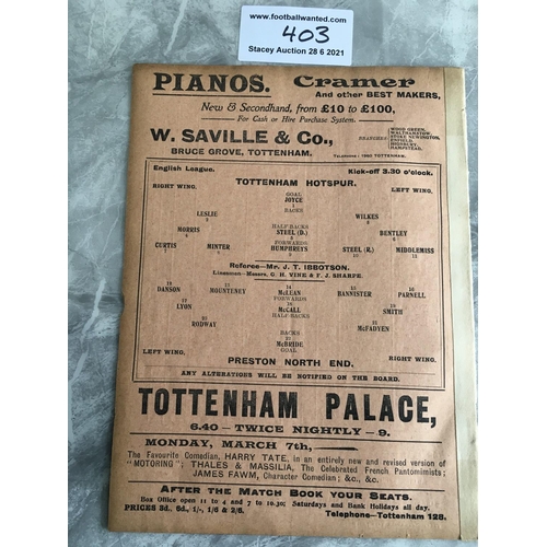 403 - 1909/1910 Tottenham v Preston North End Football Programme: League match dated 5 3 1910 in good cond... 
