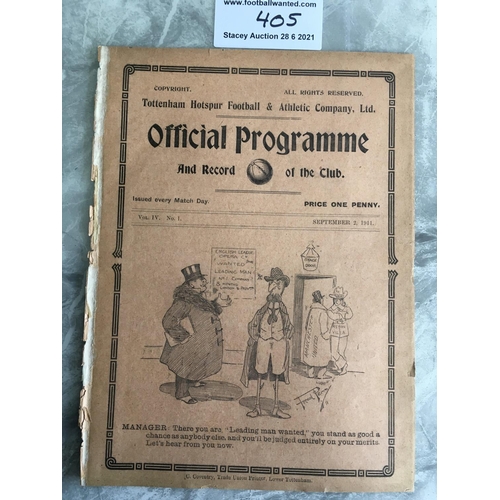 405 - 1911/1912 Tottenham v Chelsea Football Programme: Reserve match dated 2 9 1911 with no team changes.... 