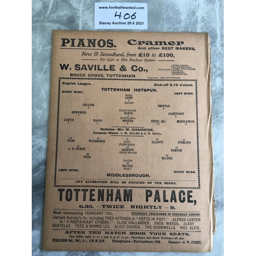 406 - 1911/1912 Tottenham v Middlesbrough Football Programme: League match dated 17 2 1912 with no team ch... 