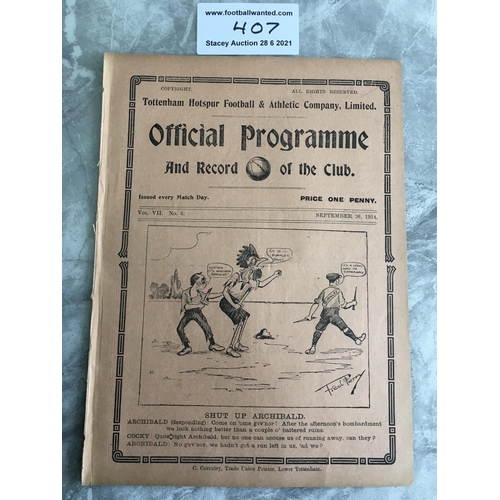407 - 1914/1915 Tottenham v Brighton Football Programme: Reserve match dated 26 9 1914 with pencilled team... 