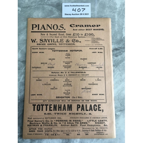 407 - 1914/1915 Tottenham v Brighton Football Programme: Reserve match dated 26 9 1914 with pencilled team... 