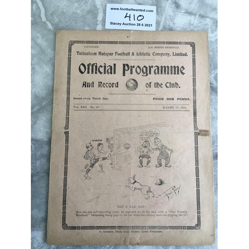 410 - 1920/21 Tottenham v Music Hall Artistes Football Programme: Charity match 1921 with team changes. 3 ... 