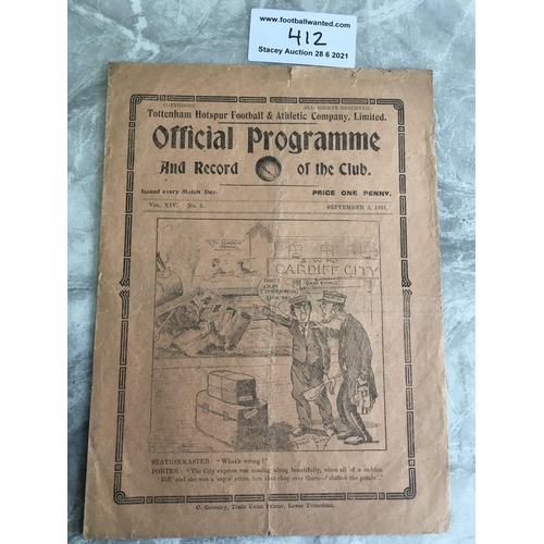 412 - 1921/22 Tottenham v Cardiff City Football Programme: League match dated 3 9 1921 with no team change... 