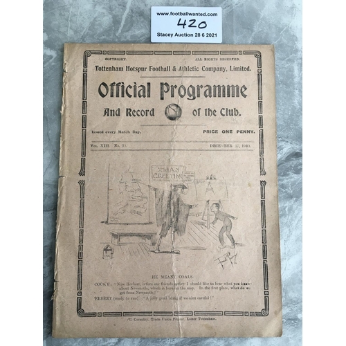 420 - 1920/21 Tottenham v Newcastle United Football Programme: League match dated 27 12 1920 with no team ... 