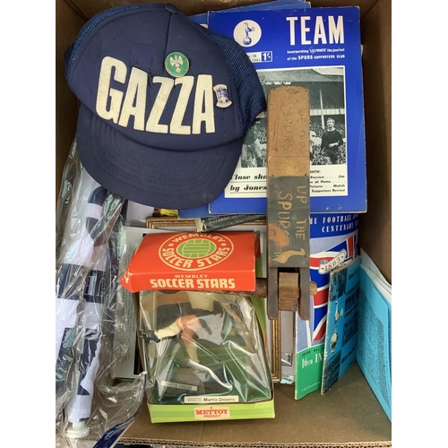46 - Tottenham Football Memorabilia Box: An old rattle, Martin Chivers Mettoy Figure, Season Ticket Books... 