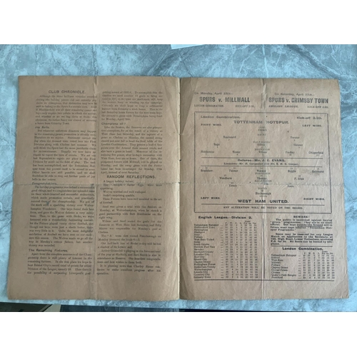 109 - 1919/1920 Tottenham Reserves v West Ham Football Programme: London Combination dated 10 4 1920. Good... 