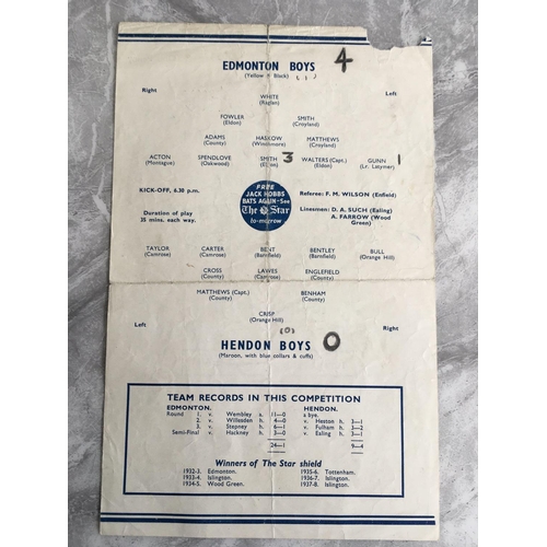 81 - 1938/39 Edmonton Boys v Hendon Boys Football Programme: Played at Tottenham for the Middlesex School... 