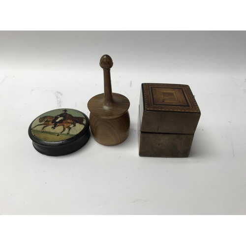 842 - A small Tunbridge ware style square box together with a ring holder and a circular box depicting a h... 