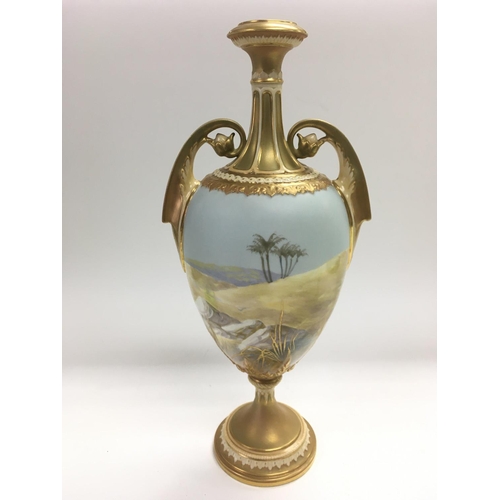 950 - A Royal Worcester trophy vase handpainted by William Powell depicting wading birds in a landscape se... 