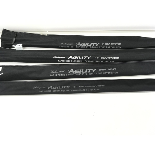 Four Shakespeare Agility fishing rods. 9ft sea tipster 11ft sea