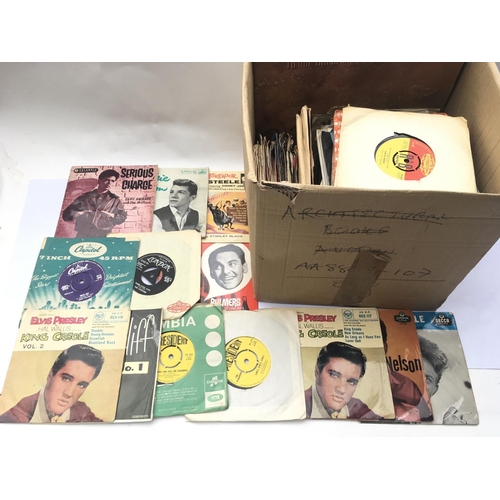 113 - A box containing a collection of EPs, 7inch singles and LPs by various artists including Elvis Presl... 