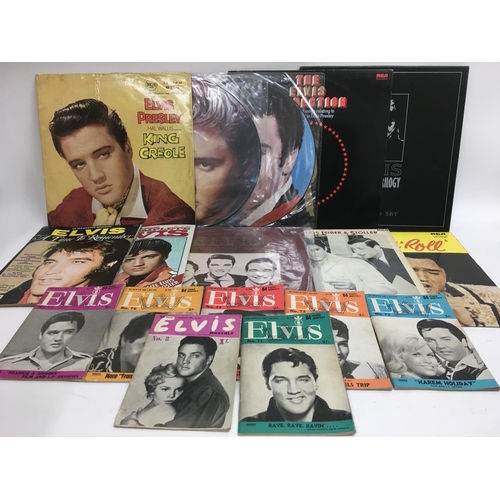 254 - A collection of Elvis Presley LPs, picture discs, EPs, 7inch singles and Elvis monthly magazines.