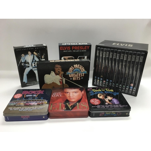 304 - An Elvis Presley Collection CD box set, sadly incomplete, together with Elvis DVDs, CDs and tapes bo... 