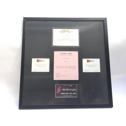 530 - A framed and glazed collection of Cavern Club memorabilia including an application form, Christmas c... 