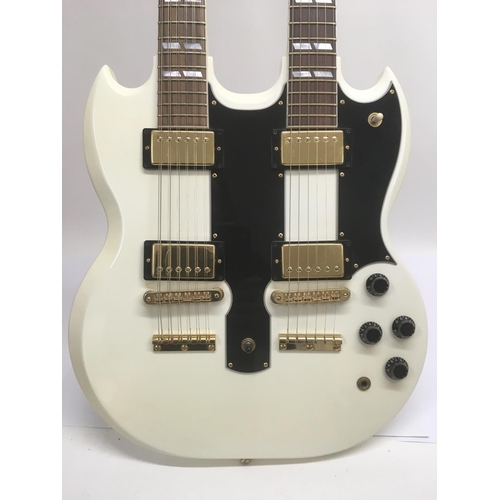 701 - A Gibson double neck 6 and 12 string electric guitar in white with a black scratchplate and gold pla... 